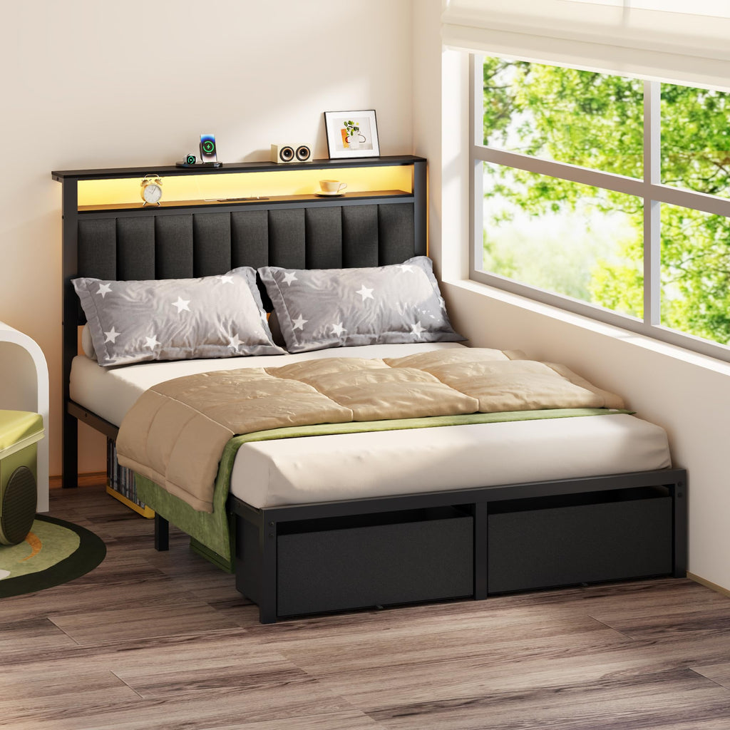 Full Size Bed Frame with Storage Drawers and Upholstered Headboard I380859