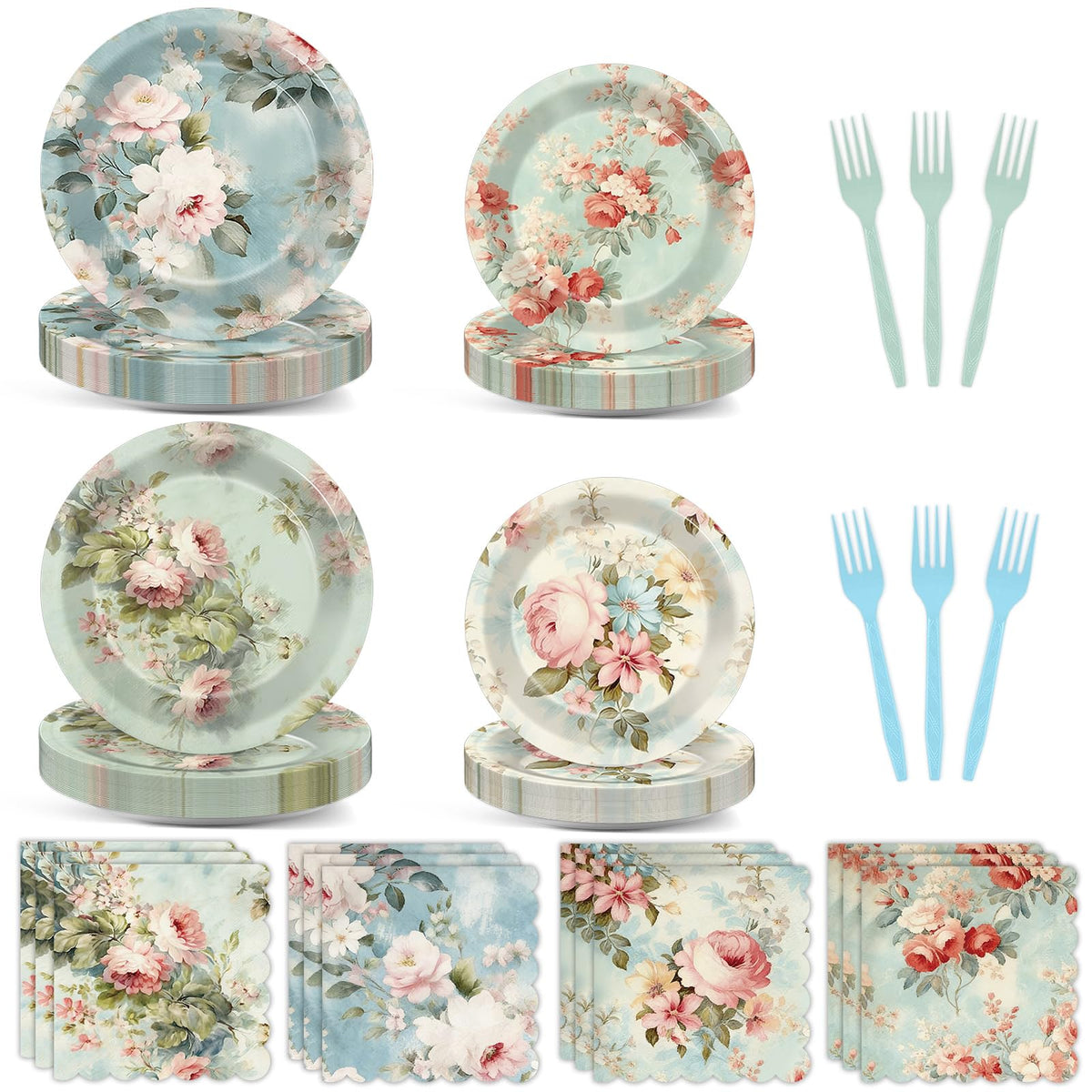 96Pcs Vintage Paper Plates and Napkins Set J120947