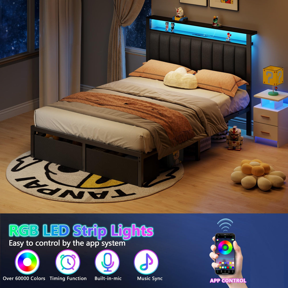 Full Size Bed Frame with Storage Drawers and Upholstered Headboard I380859
