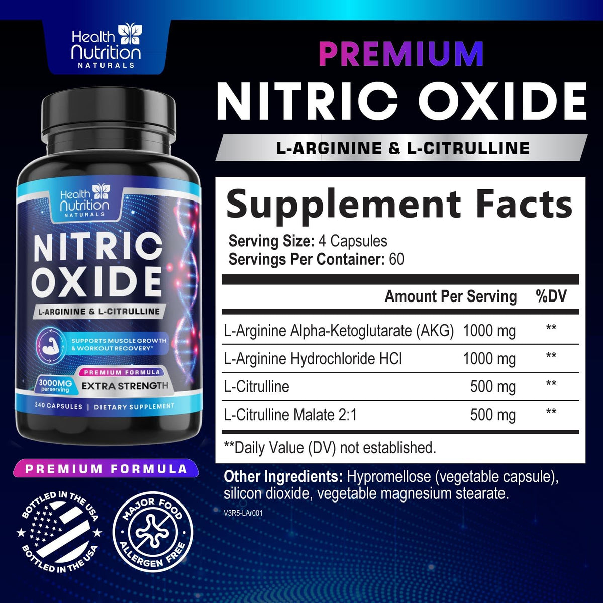 3000mg L-Arginine & L-Citrulline Nitric Oxide Supplement 240 Capsules T9549