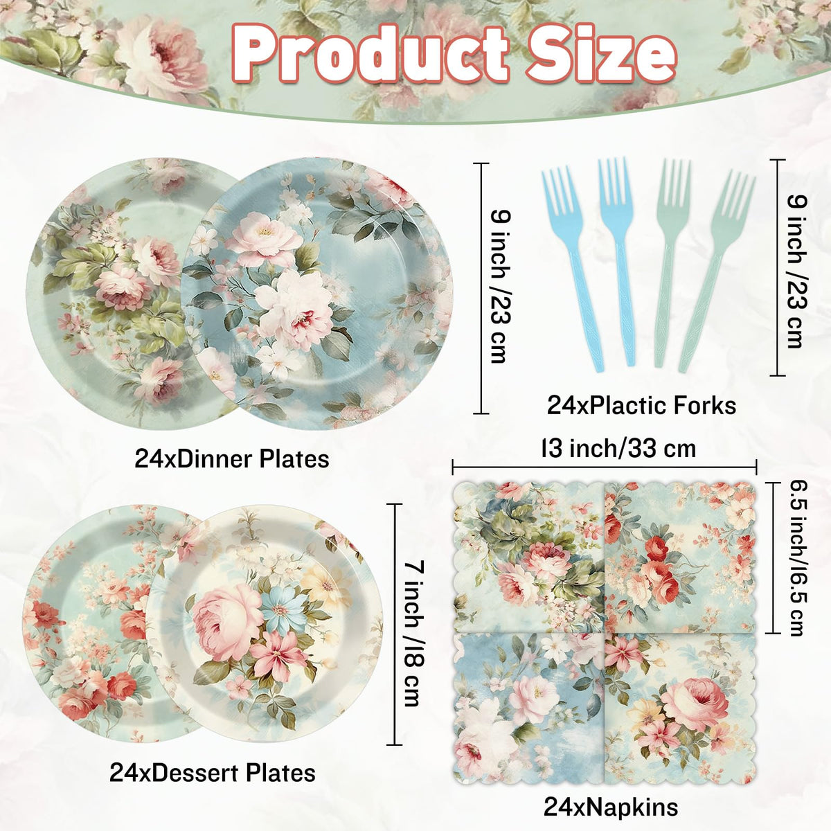 96Pcs Vintage Paper Plates and Napkins Set J120947
