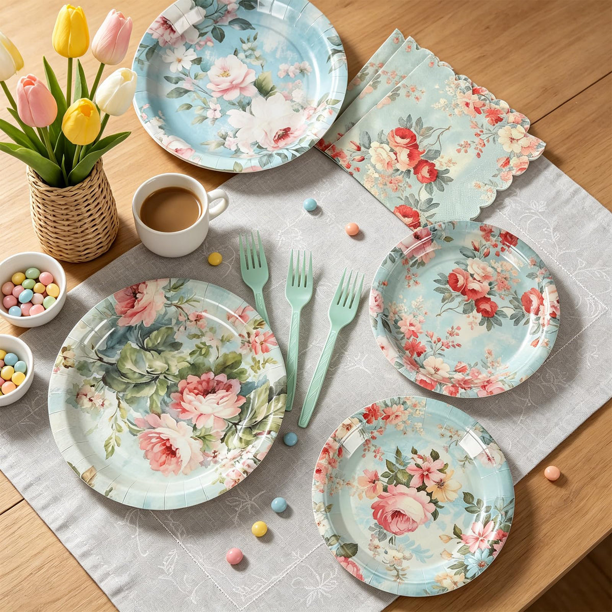 96Pcs Vintage Paper Plates and Napkins Set J120947