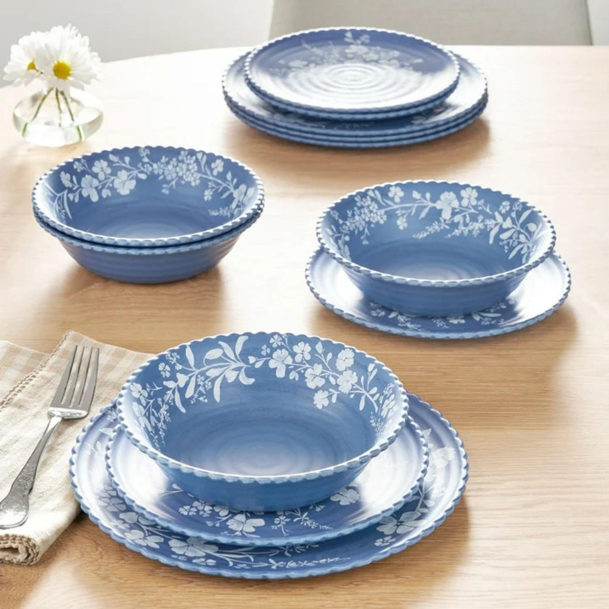 12-Piece Bamboo Melamine Dinnerware Set, Service for 4, Blue D6862