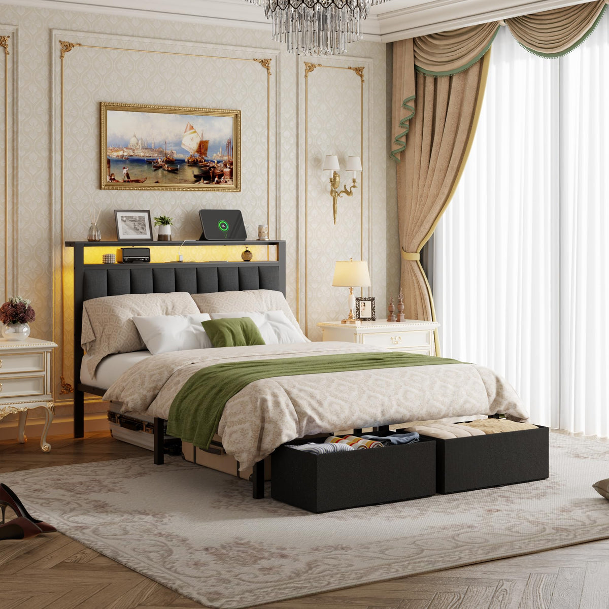 Full Size Bed Frame with Storage Drawers and Upholstered Headboard I380859