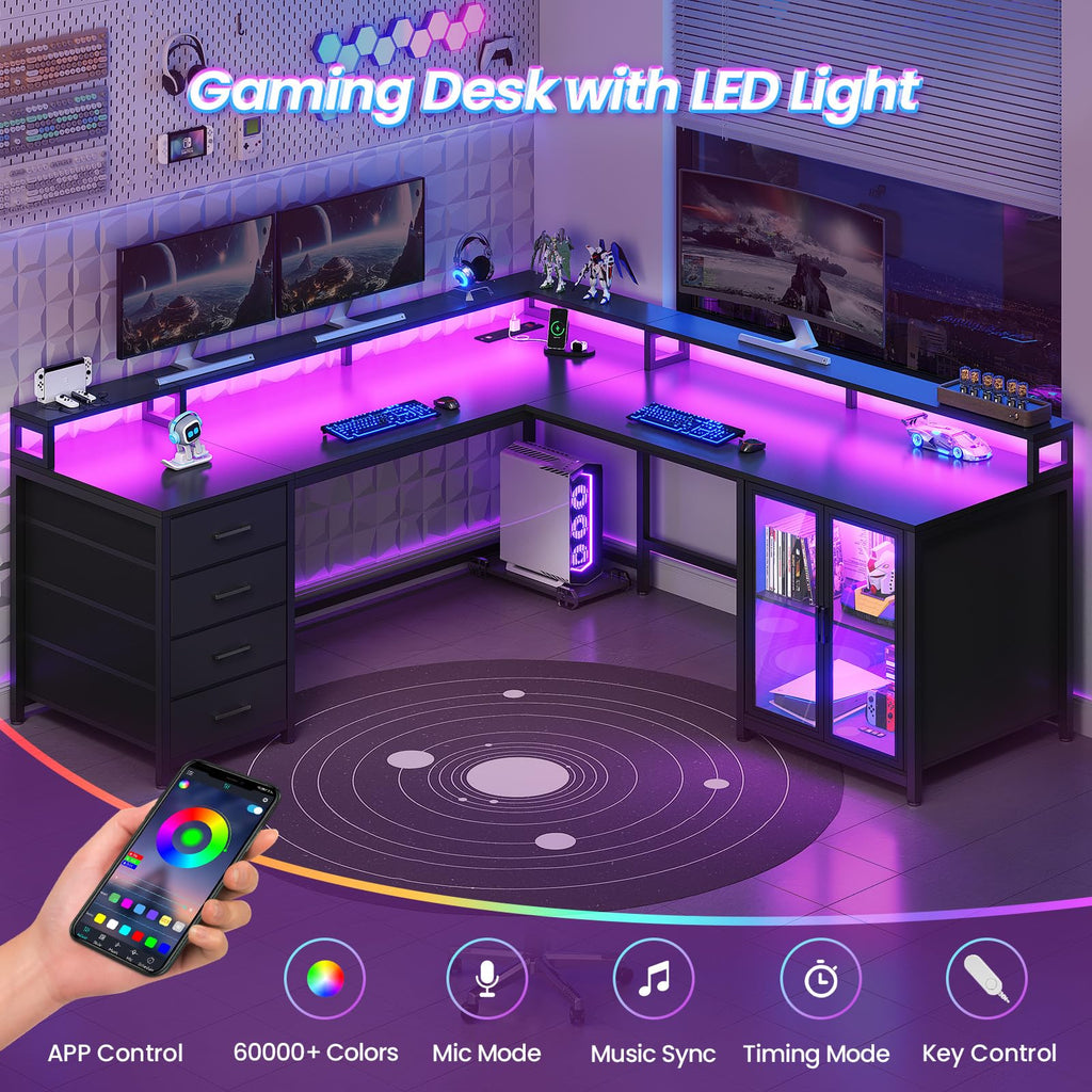 L Shaped Gaming Desk with 4 Drawers and Power Outlet, Black Y3013