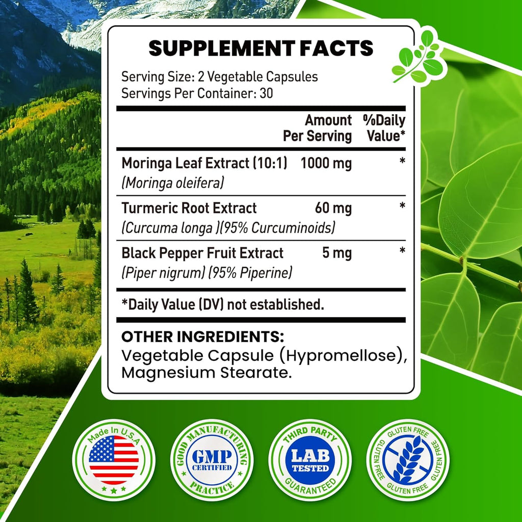 Moringa Capsules 1000mg 10:1 Leaf Extract 60 Veg Capsules B119663