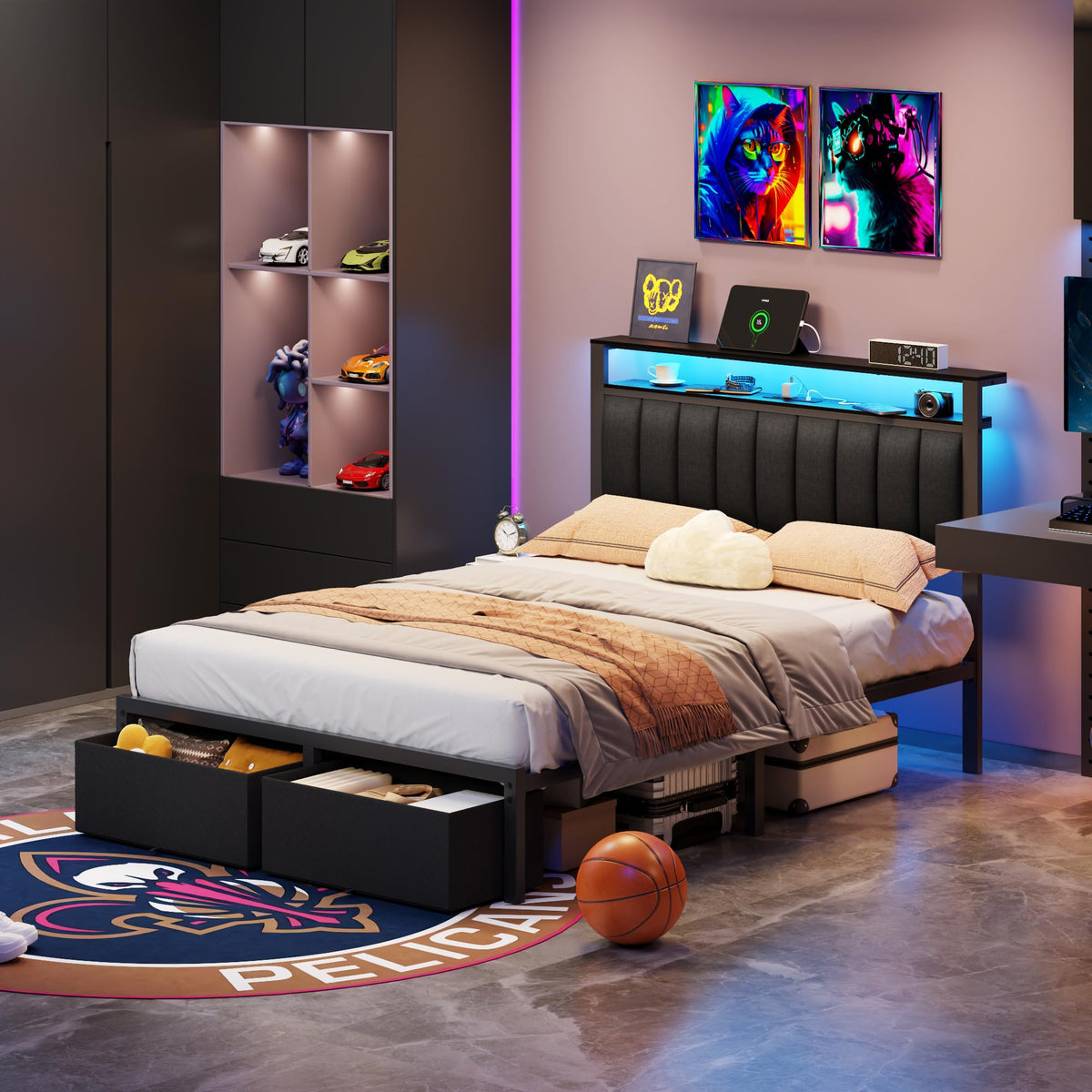 Full Size Bed Frame with Storage Drawers and Upholstered Headboard I380859