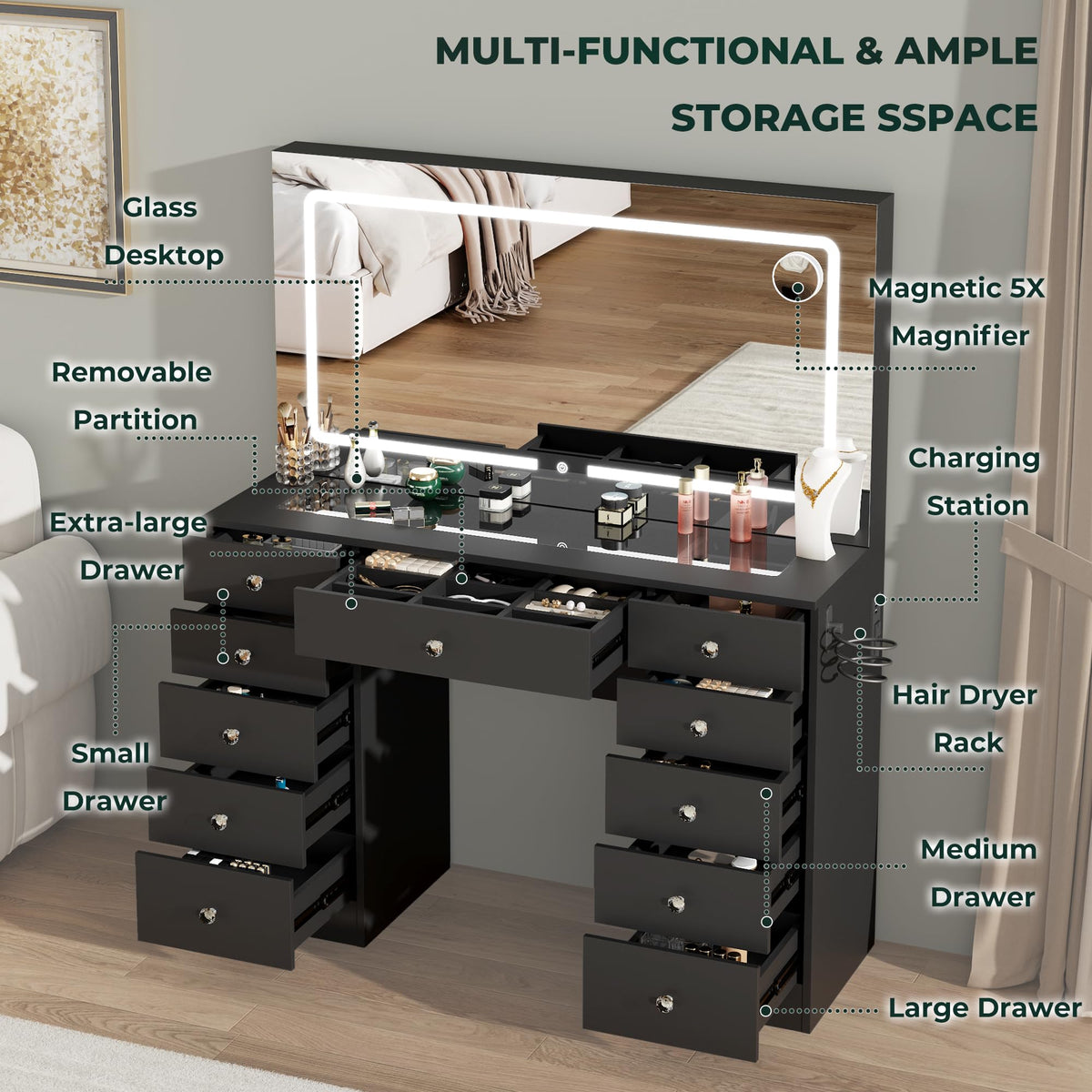 Black 11 Drawer Vanity Desk with Lighted Mirror W477