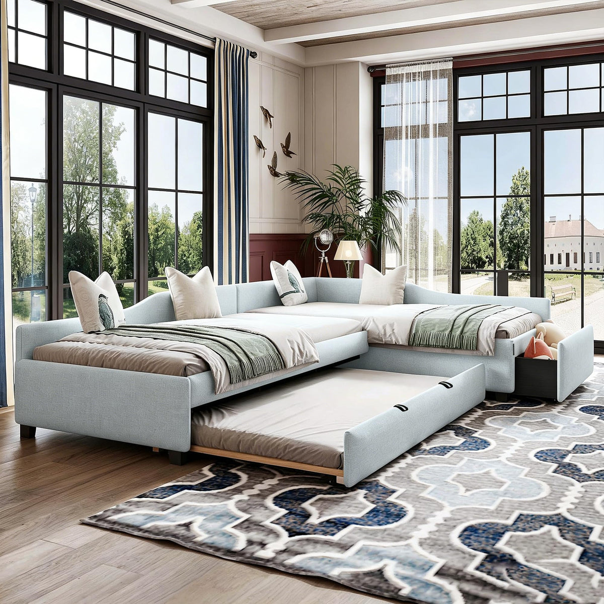 Green Gray Linen Fabric Upholstered Twin Size Daybed with Trundle and Drawer A43317