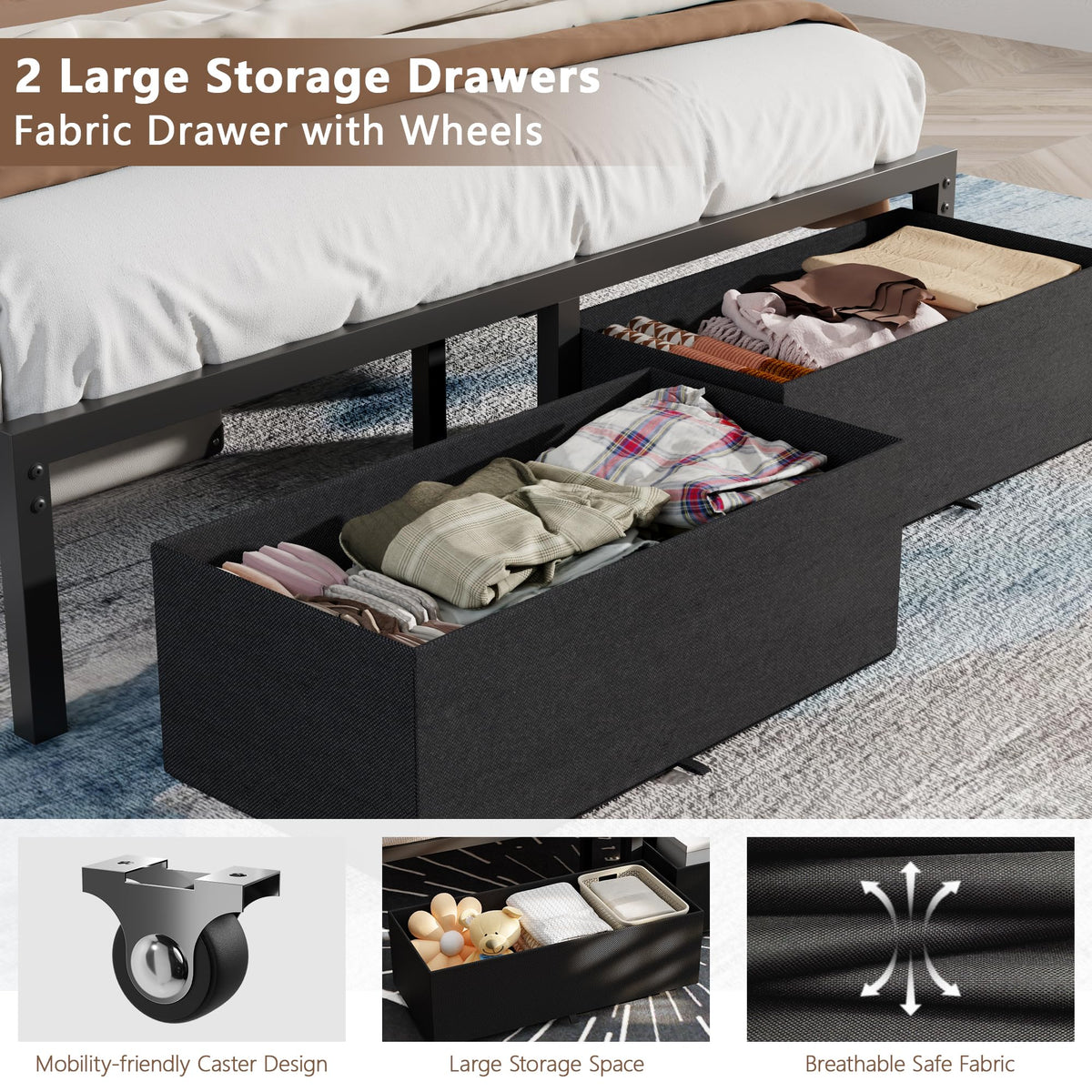 Full Size Bed Frame with Storage Drawers and Upholstered Headboard I380859